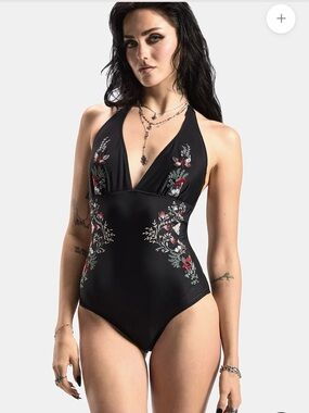 NEW Disturbia Copia Floral Embroidered Halter Swimsuit Whimsigoth Mushroom Sz 16